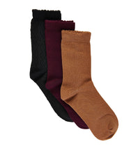 Load image into Gallery viewer, Creamie Brand Girls 3 pack Socks / Black-Burgundy-Nutmeg : Shoe sizes 7 toddler to 5 Youth

