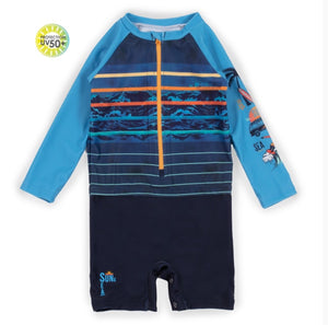 Nano Baby Boy One Piece Rashguard Swimsuit (Waves and Stripes) : Size 9/12M to 18/24M