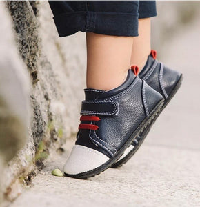 Jack & Lily White and Navy Leather with Red Laces Baby Boy Sneakers : Sizes 0m to 36m