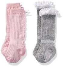 Load image into Gallery viewer, Robeez Knee High Kick Proof Stay On Socks for Girls Packs of 2.  Grey and pink : Sizes 0M to 4T
