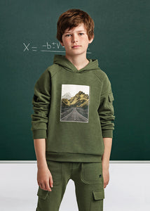 Mayoral Boys “Mountain Drive” Graphic Hoodie in Lichen Green : Size 8 to 18