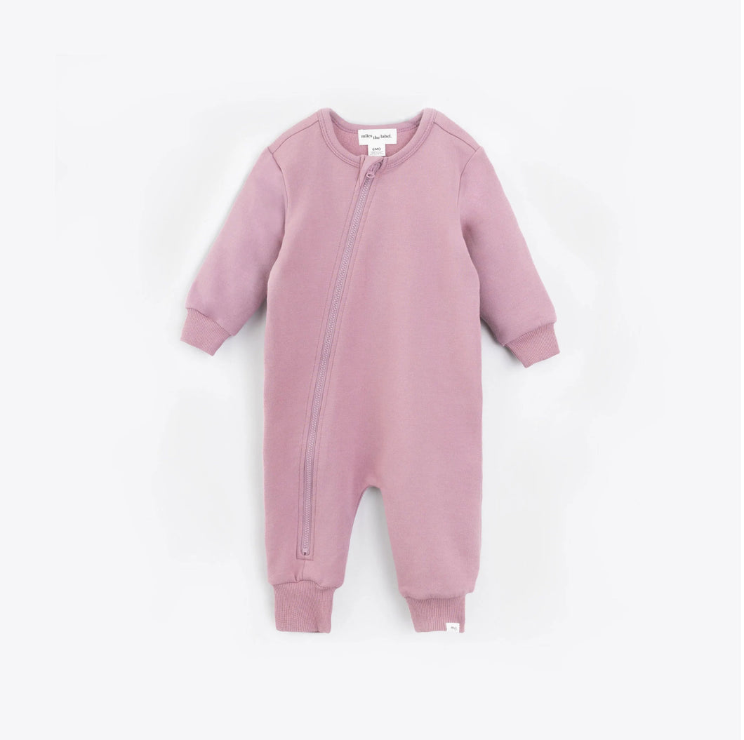 Miles the Label Basics Fleece Playsuit in Mauve: sizes 3M to 24M