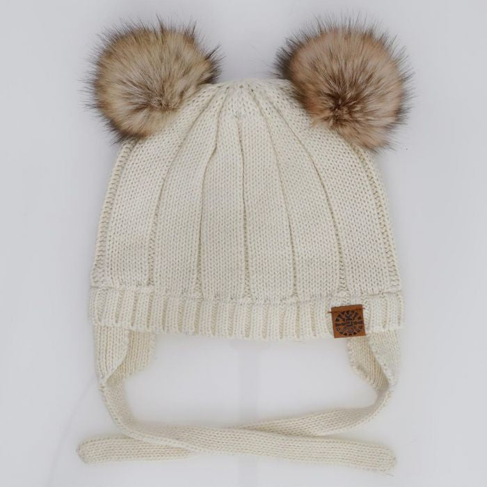 Calikids Cotton Knit Pom Pom Hat In Colour Cream : Size 0/3M to 3/9M