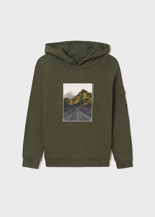 Mayoral Boys “Mountain Drive” Graphic Hoodie in Lichen Green : Size 8 to 18