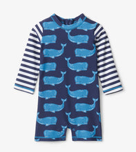Load image into Gallery viewer, Hatley Block Whales Baby One-Piece Rash-guard

