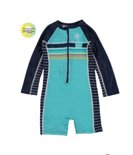Load image into Gallery viewer, Nano Baby Boy One Piece Rashguard Swimsuit (Teal And Stripes) : Size 6/9m to 18/24m
